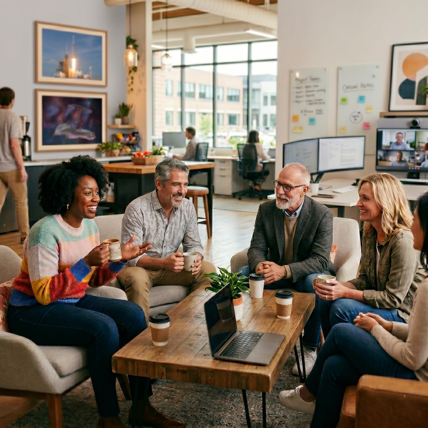 Employees having a casual conversation over coffee in the office lounge area