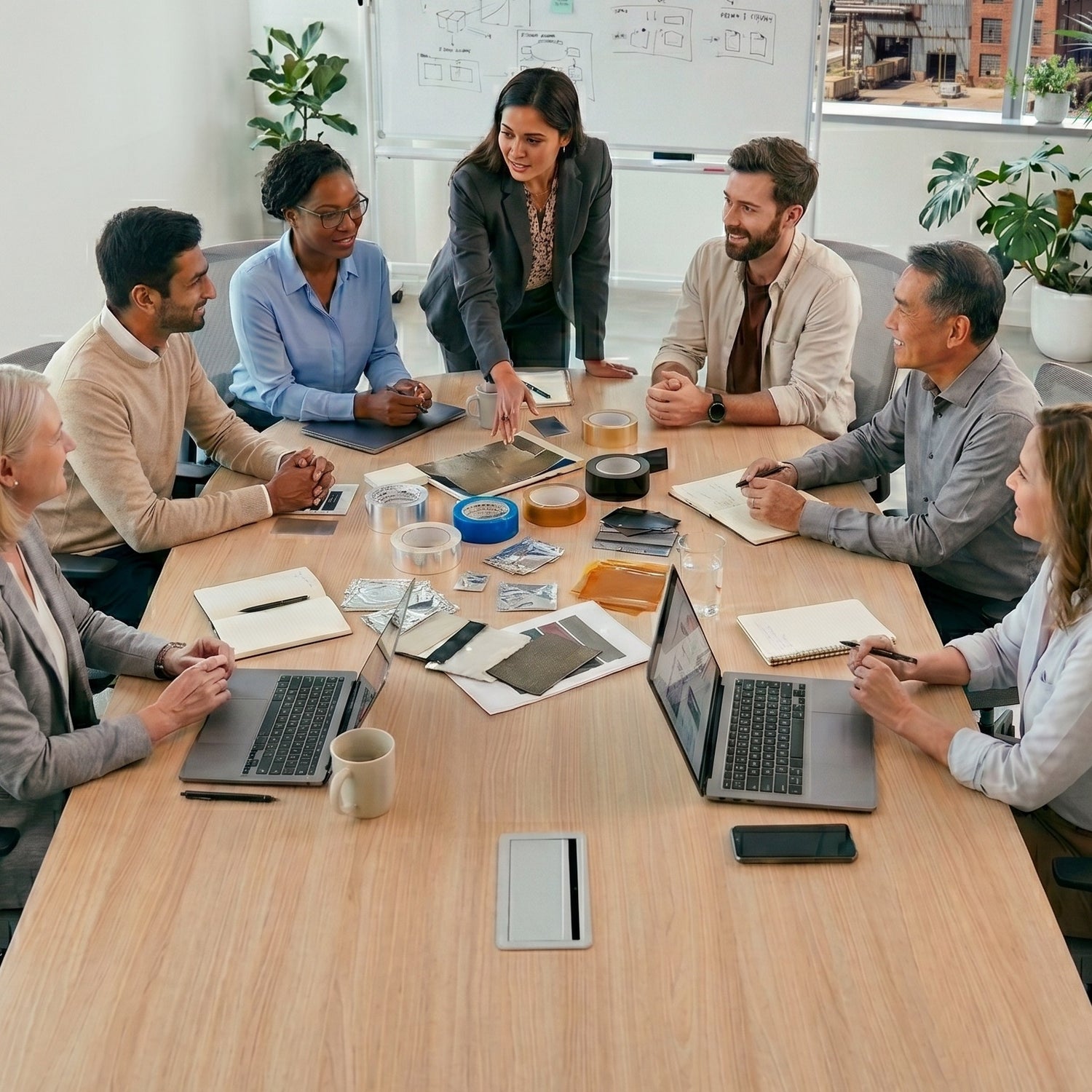 Bron Aerotech team meeting around a conference table with tape samples and materials spread out