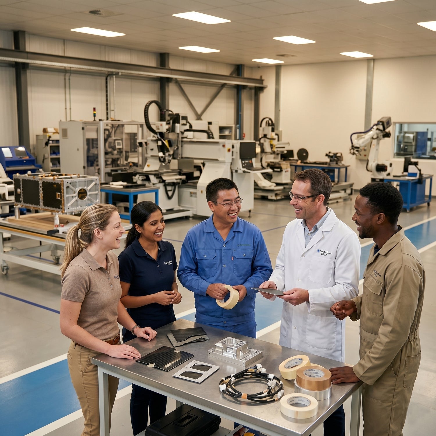 Group of Bron Aerotech employees laughing together on the factory floor with tape rolls on the table